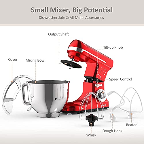FIMEI Stand Mixer,5L Dough Mixer,6 Speeds,1000W,Dough Hook & Beater with Ceramic Glaze(Dishwasher Safe),Whisk,Anti-Oil Cover,Splash Guard,Anti-Slip,UK Plug,(Red)