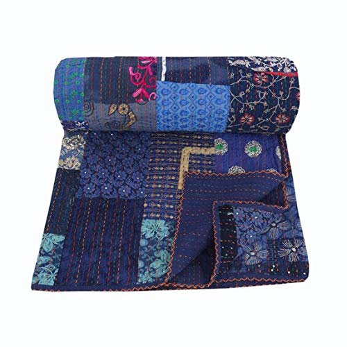 Nandnandini Textile Blue Vintage Embroidered Patchwork Kantha Quilt Indian Handmade Cotton King Size Kantha Bedspread Throw Blanket Quilted Bedsheet Kantha Throw Ralli Gudri Comforter Designer Kantha Bedcover