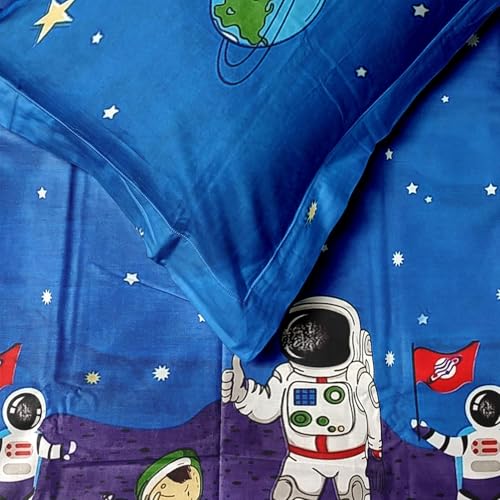 Image of Cotton Printed Bedsheet for Kids | King /Double Size Bed Bedsheet with 2 Pillow Cover | 200TC Elastic Fitted Bedsheet for Kids Room (72 inchx78 inch Upto 6 Inches,Blue, Astronaut)