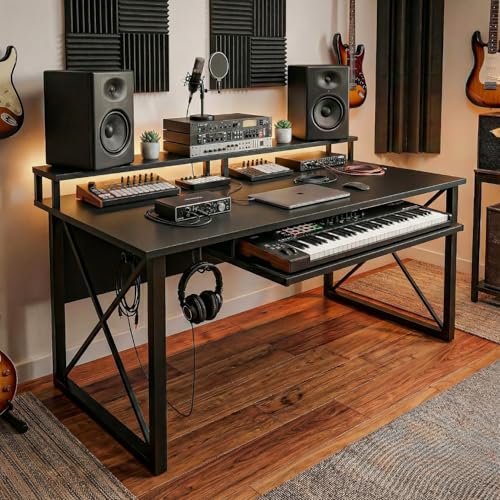 Image of FFo Music Studio Desk | Music Studio Desk with Keyboard Tray | Workstation,Laptop PC Computer, Music Instrument Table for Music Producers | (Black) | (150L x 60W x 87H CM) | DIY