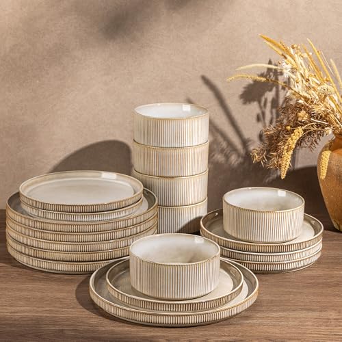 GBHOME 18-Piece Stoneware Dinnerware Set for 6 &ndash; Ribbed Ceramic Plates and Bowls...