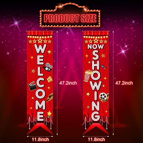 Tegeme Movie Night Porch Sign Banner Movie Theme Party Decorations Theater Welcome Now Showing Lights Camera Action Hanging Porch Sign for Home Film Backdrop Party Supplies(Classic Style)
