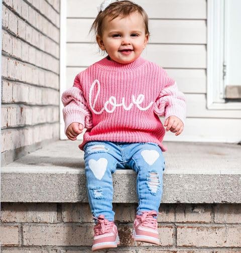 Baby Girl Valentines Day Outfit Love Heart Sweet Long Sleeve Sweater Tshirt Crewneck Tops Fall Winter Clothes (D-Pink, 3-4 Years)