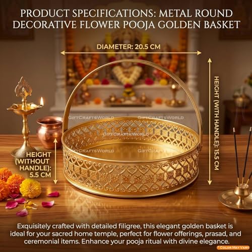 Image of Multipurpose Metal Basket For Gift Hamper, Pooja Temple Storage With Sturdy Handle, Decorative Flower Organizer & Versatile Puja Utility Accessories Home Decoration (Round)