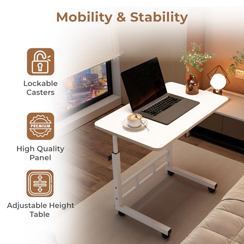 Image of HomeEssentials Multipurpose Mobile Laptop Desk: Height Adjustable Computer Table with Lockable Wheels - Portable Workstation for Bed, Sofa, and Home Office (Snow White)