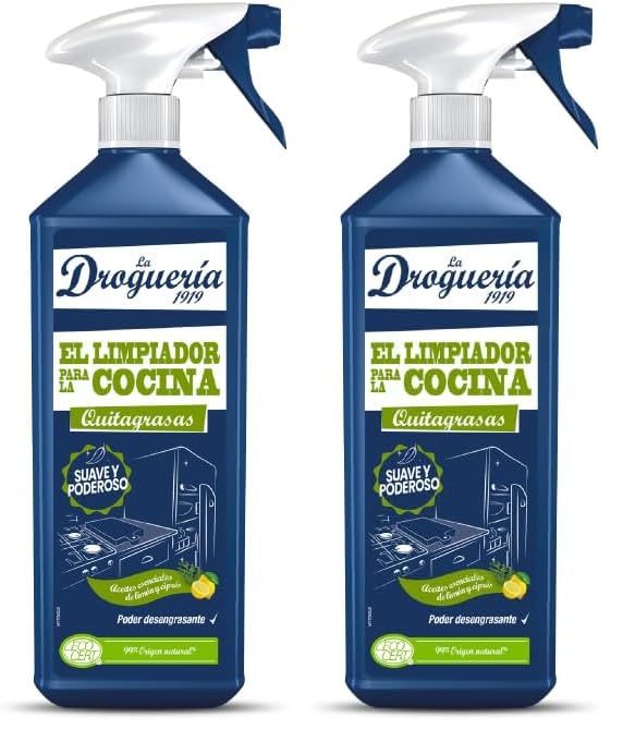 LA DROGUERIA - Limpiador de Cocina Quitagrasas - Pulverizador 750mL - Desengrasante Ecológico con Aceites Esenciales - Elimina Grasa y Malos Olores en Hornos y Encimeras (Paquete de 2)
