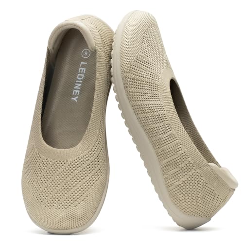 Best Dress Shoes for Pregnant Swollen Feet: Comfort & Style 14 LEDINEY Wide Ballet Flats Shoes for Women, Width Foldable Round Toe Knit Women's Flats with Arch Support, Comfortable Shoes for Women Dressy Casual Work Office Zapatos para Mujer Beige