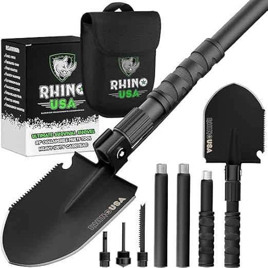 Rhino USA Survival Shovel w/Pick - Heavy Duty Carbon Steel Military Style Entrenching Tool for Off Road, Camping, Gardening, Beach, Digging Dirt, Sand, Mud & Snow. (Survival Shovel)