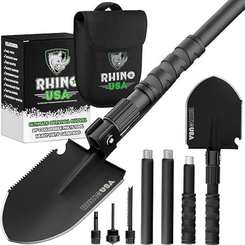 Rhino USA Survival Shovel w/Pick – Heavy Duty Carbon Steel Military Style Entrenching Tool for Off Road, Camping, Gardening, Beach, Digging Dirt, Sand, Mud & Snow. (Survival Shovel)