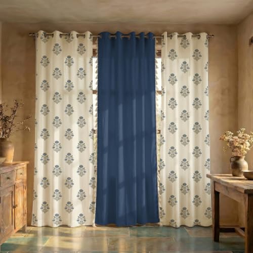 Image of Urban Space 100% Cotton Curtains for Door, Combo Set of 3 Curtains 7 feet Long, 60-65% Room Darkening Curtain, Tieback & Eyelets Included with Curtains for Home Decor (Liberty Blue, 7 Feet)