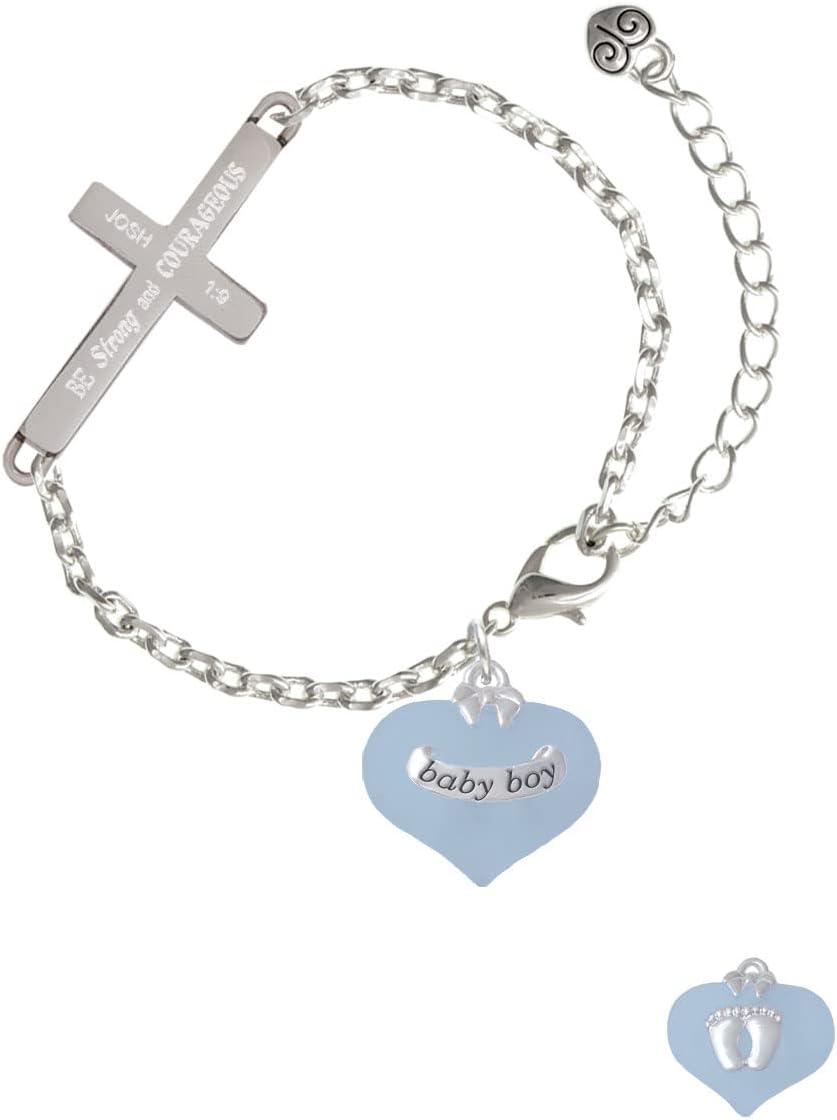 Delight Jewelry Heart with Baby Feet Joshua 1:9 Strong and Courageous Engraved Cross Charm Bracelet, 6.5+1.5" Extender