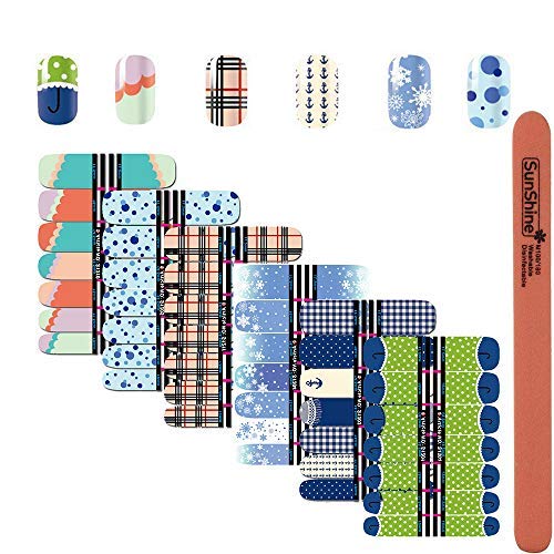 WOKOTO 6Pcs Nail Polish Stickers Strips Self Adhesive Dotting Snow Anchor Image Full Nails Decals Wraps for Nail Art with 1Pc Nail Buffers Files