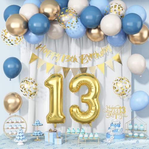 13th Birthday Decorations for Girls Boys, Dusty Blue Cream White Gold 13 Balloon Happy 13th Birthday Bunting Banner Cake Topper Number 13 Year Old Foil Balloon for Thirteen Birthdays Party Decor