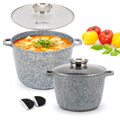 EliteHoff Olla de cocina antiadherente con tapa - Juego de 2 ollas de sopa de aluminio de 24/28 cm (6,5 L + 10,2 L) ollas de mármol grandes para inducción y todo tipo de cocinas (gris)