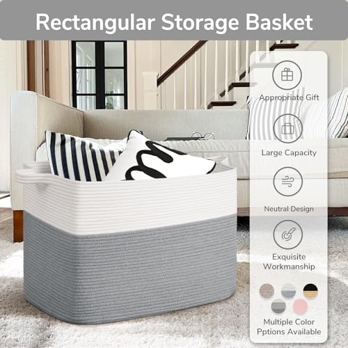 Image of Goodpick 105L Extra Large Woven Rope Blanket Basket, Rectangle, Gray | 25'' x 16'' x 16'' Storage Basket for Blankets, Pillows & Clothes, Living Room & Bedroom Organization, Reinforced Handles