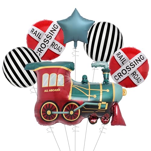 Train Birthday Decorations Balloons Set 6PCS Foil Balloons with Train Railroad Track & Star Balloons Train Theme Party Decorations for Baby Shower & Kids Birthday Party