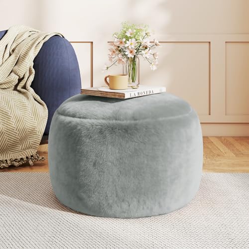Round Stuffed Pouf Ottoman Foot Rest Faux Fur Poufs with Memory Foam Filling Ottomans for Living Room Nursery Dorm Soft Foot Stool Ottoman for Couch Perfect for Resting Your Feet (Grey 20 Inch)