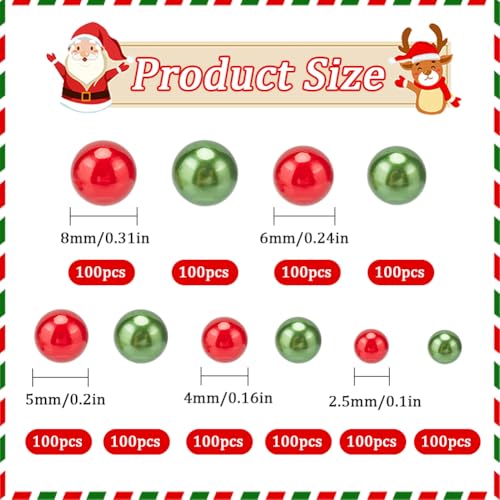 SUNNYCLUE 1000Pcs 5 Sizes Christmas Vase Filler Pearls No Hole Pearl Bulk Acrylic Green Red Xmas Highlight Round Art Imitation Loose Mini Beads for Fillers Decorations jewellery Making Nail DIY Crafts - Image 2