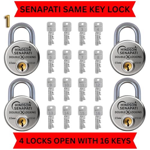 Image of Hindson Same Key Senapati 65mm Round Padlock, Pack of 4 with 16 Same Keys, Hardened Shackle, 10 Lever Mechanism, Heavy Duty, Double Locking Security Lock for Gates, Doors & Shutters (Silver)