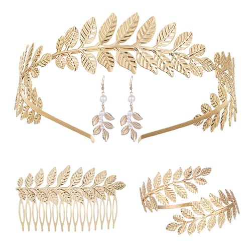 Diyxisk Kits 4 Pièces Couronne Laurier Or Accessoire Déesse Grecque Serre tête Feuille Peigne Bracelet Bras Boucles d'Oreilles Parure Bijoux Cheveux Mariage...