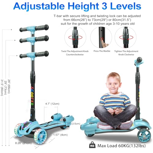 Image of 3 Wheel Scooter for Kids, Toddler Scooter with Bluetooth Music Speaker Steam Sprayer LED Lights Aluminum Alloy T-Bar, Folding Kick Scooters for Boys Girls Ages 3-10