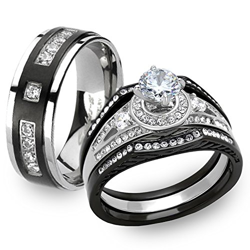 Marimor Jewelry Black and Silver Stainless Steel and Titanium His and Her 4 Piece Wedding Ring Band Set