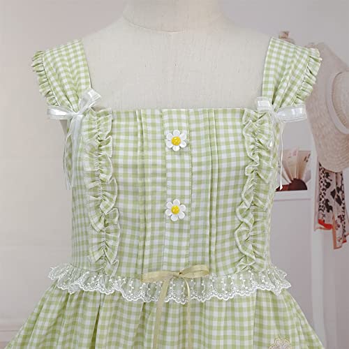 Teen Girls Sweet Lolita Plaid Dress Babydoll Summer Sleeveless Cute Casual Spaghetti Strap Floral Dress Fall3