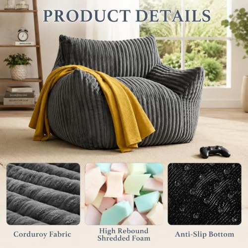 Image of Giant Plush Bean Bag Chair for Adults, 46 inch Oversized Bean Bag Sofa with Armrests, Memory Foam Comfy Mini Couch Lounge Chair, 400 LBS Floor Couch for Living Room, Bedroom, Game Room, Gray