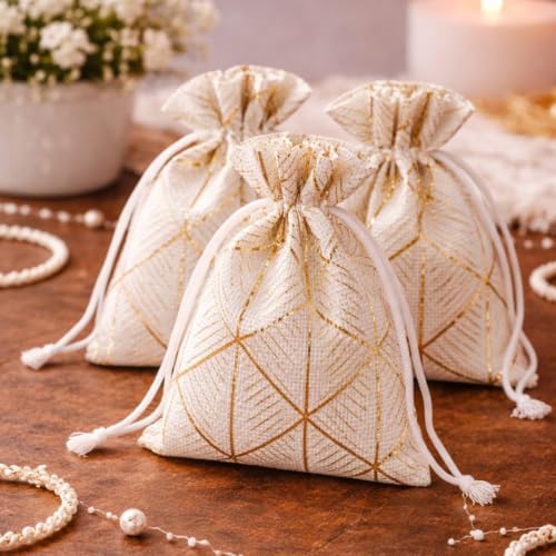 Image of SATYAM KRAFT 100 Pcs Jute Potli Bags for Wedding, Return, Festive Gifting | Eco-Friendly, Handmade Drawstring Bags for Jewelry, Sweets, Dry, Party, Reusable & Biodegradable (Pack of 100) (color 11)