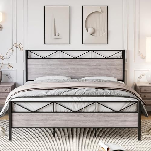 Garvee King Bed Frame with Wooden Headboard and Footboard, All-Metal Support System, Noise Free, Easy Assembly, No Box Spring Needed, Large Under Bed Storage, Light Gray