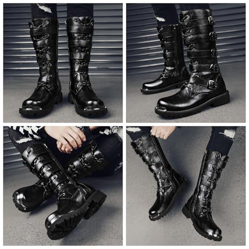 Men'S Black Leather Motorcycle Boots With Single Zip & 5-Buckle System Steel Toe Cap & Anti-Slip Rubber Sole Thickened Traction Outsole For Highway Riding Punk Style Ankle Support 5
