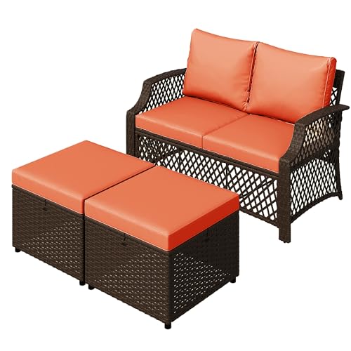 Image of HOMREST 3 Piece Patio Loveseat Set, Outdoor Wicker Sofa with 2 Ottomans & Cushions, All-Weather PE Wicker Patio Furniture for Porch, Poolside, Garden & Deck(Orange) | Outdoor Wicker Sofa