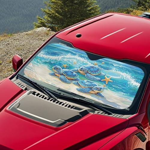 Image of Beach Turtle Blue Car Windshield Sun Shade for Trucks SUV Universal Vehicle Accessories Foldable Sunshade Sun Visor Protector Blocks UV Rays and Keep Your Vehicle Cool