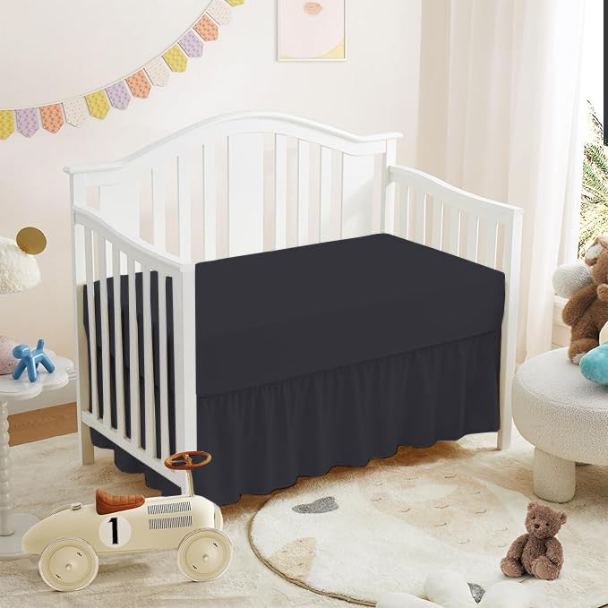 Image of Crib Ruffle Bed Skirt (28” x 52”) with 16” Inch Drop Dust Ruffle for Baby Boys or Girls Nursery Crib Toddler Bed Skirt Microfiber Fabric - Black Solid