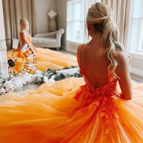 Dymaisei Lace Appliques Prom Dresses Long Floral V Neck Tulle Formal Dress A Line Backless Evening Gowns3