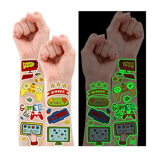 Partywind Luminous Video Game Party Supplies Temporary Tattoos for Kids, 158 Styles Glow...
