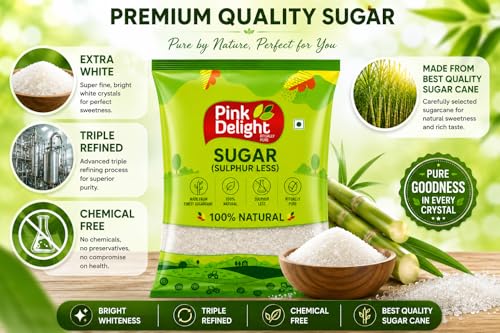 Image of Pink Delight Sulphur Less Sugar 1kg | Triple Refined White Crystal Sugar | Chemical Free Natural Sweetener | Hygienically Packed Pure Cane Sugar For Tea Sweets Desserts Daily Use