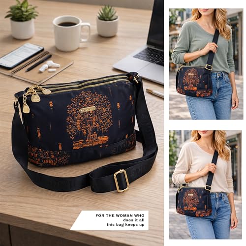 Image of Storite PU Leather Sling Bag, Crossbody Bag with Multi-Compartment for Women and Girls With Adjustable Shoulder Strap - (Orange Navyblue, 28.5x18x11 cm)