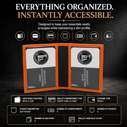 Image of LB LEATHERBOSS Slim Thin Leather Credit Card Triple ID Window Mini Wallet Bifold Driver License Safe (Orange)