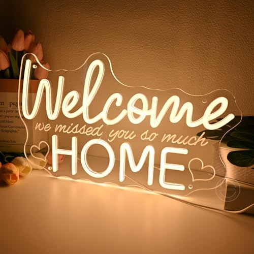Image of Britrio Welcome Home Neon Sign Family Housewarming Sign LED Wall Decor for Military Army Homecoming, Family Party Deployment School Returning Supplies Decorations Photo Backdrop for Celebration