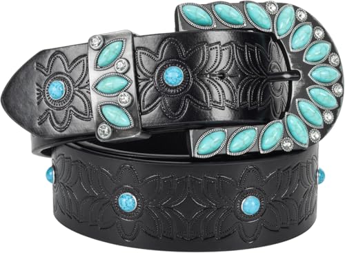 Turquoise-Belt Western-Cowboy-Belt for Women - Vintage Floral Cowgirl-Strap with Turquoise-Buckle for 28-38''waist3