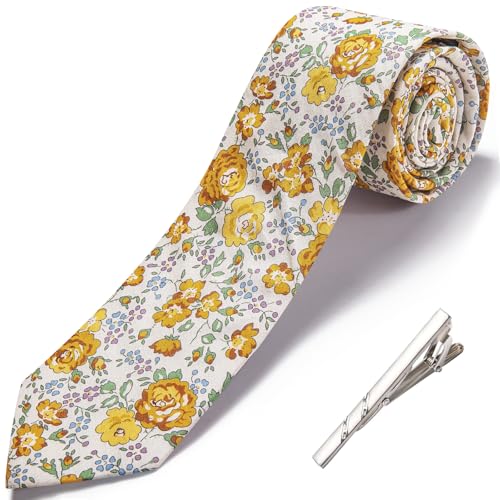 Image of Barry.Wang 100% Cotton Floral Ties for Men 63 inch Extra Long Necktie Clip | Fashion Cotton Printed Neckties,Wildflower 2.76 inch Ties Skinny,Gift Box,Groomsmen Wedding Engagement Graduation