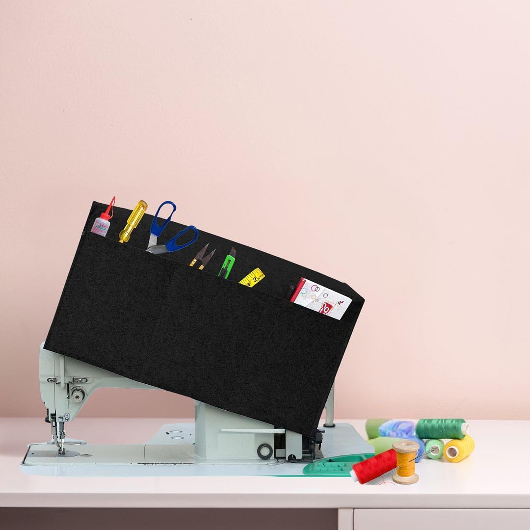 CVANU Sewing Machine Polyester Cover with Storage Pockets Protect from Dust & Dirt Compatible for All Stitching Machine (15.8inchX13.4inch) Black