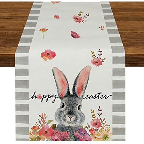 Easter Bunny Table Runner Grey Rabbit Table Runners 108 Inches Long for Kitchen Dining Table Decoration Holiday Party Indoor Outdoor Decor Cover