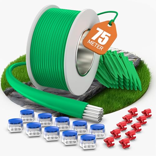 COZCLAM 75m Universal Begrenzungskabel Mähroboter mit 50 Erdspieße + 10 Kabelverbinder + 10 Anschlussklemmen Rasenroboter Zubehör Set mit Begrenzungsdraht Kompatibel mit Gardena/Bosch/Worx