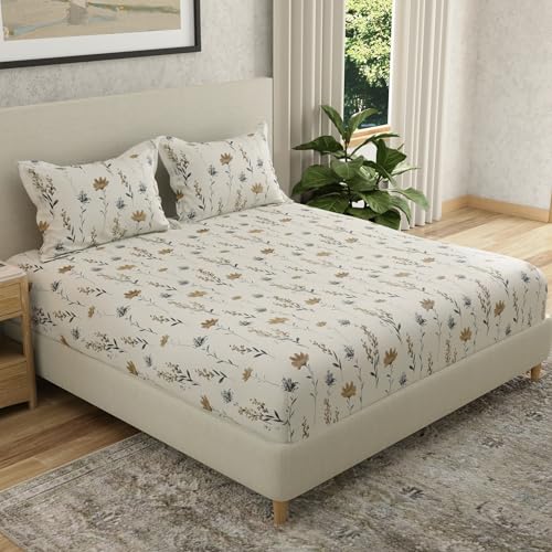 Image of HUESLAND by Ahmedabad Cotton 144 TC Cotton Bedsheet for Double Bed King Size with 2 Pillow Covers | White & Olive Green