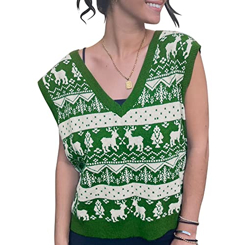 Image of JULYCLO Christmas Sweater Vest Women Ugly Xmas Reindeer Knit Sweaters Casual Santa Snowflake V Neck Sleeveless Outwear Tops