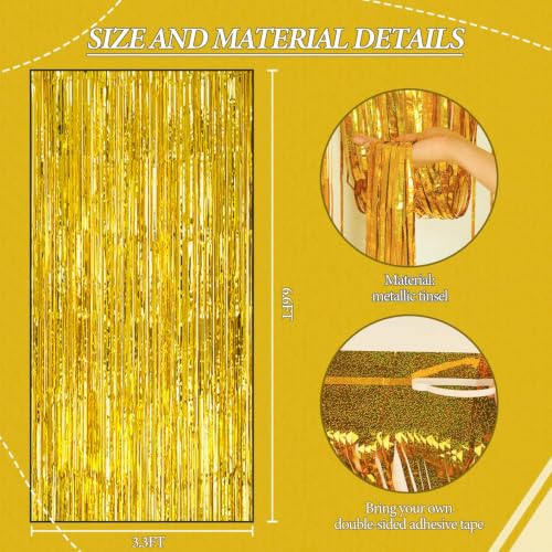 Image of DECOCKRAT 2 Pack Foil Fringe Backdrop - Laser Gold Shiny Tinsel Curtains for Party Decoration /Photo Booth Props - 3.3x6.6 FT Metallic Foil Backdrop for Birthday, Wedding, Graduation, Christmas.