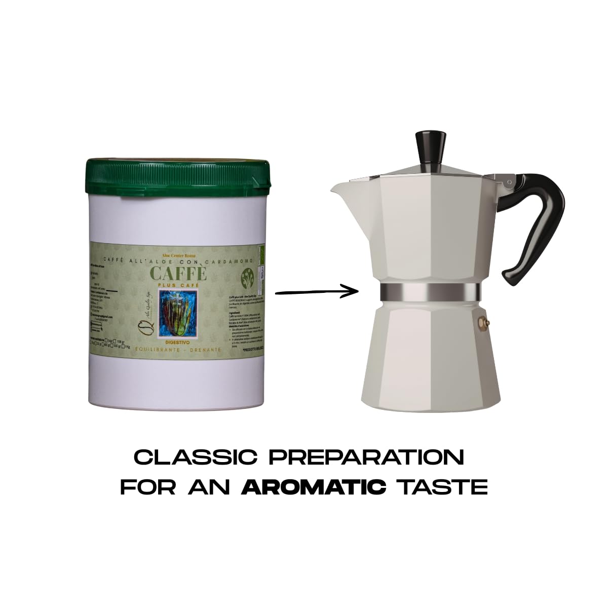 Aloe Center Café con Aloe y Cardamomo - Arábica 100% – Con extracto de Aloe arborescens, 400 g para 110 tazas – Café natural gourmet para cafetera moka clásica, calidad prémium