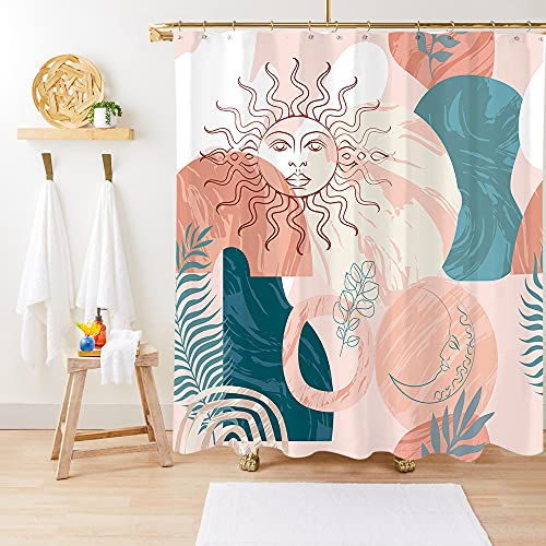 Miyotaa Abstract Sun Moon Boho Shower Curtain Set 60Wx71H Inches Chic Mandala Leaves Plant Orange Minimalist Polyester Waterproof Cloth Bathroom Curtain With 12 Hooks #TOP1